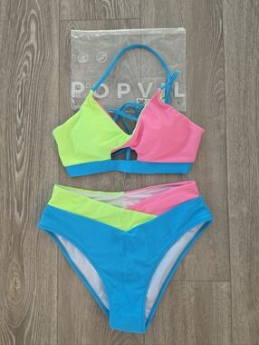New! Neon Colorblock Women's Bikini Set - Pink, Lime & Blue